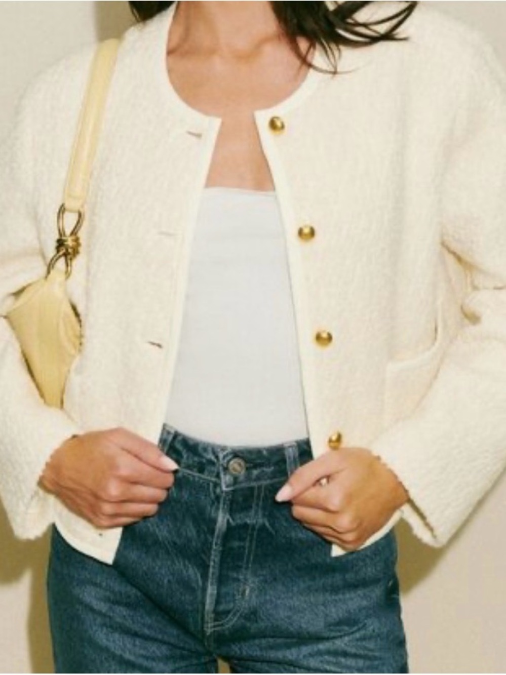 Reformation Dale Wool Cropped Women's Cream Bouclé gold Button-Front Jacket XS